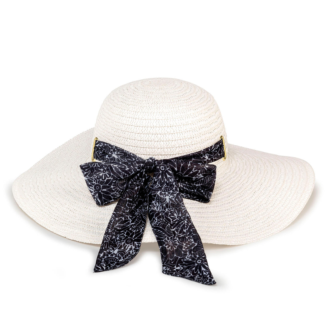 White Sunhat with Black/White Floral Printed Band - Floral Acres Greenhouse & Garden Centre