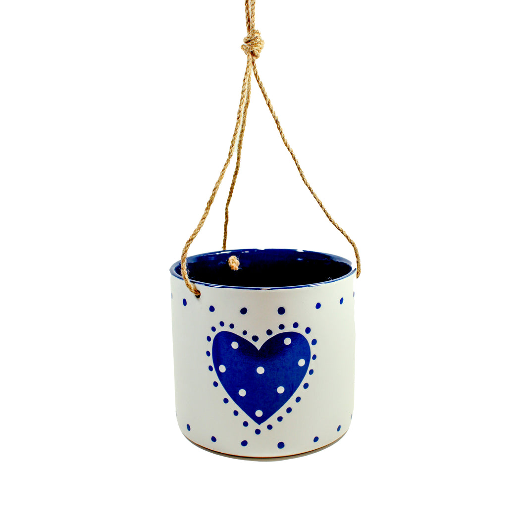 Pot, 6in, Ceramic, Country Heart, Blue, Hanging - Floral Acres Greenhouse & Garden Centre