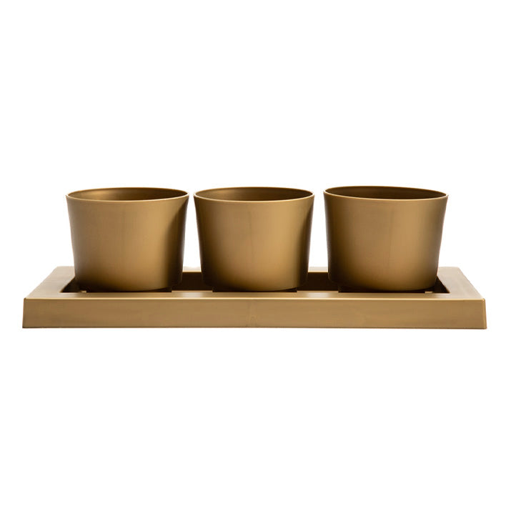 Pot, Plastic, 4in, Trio Set of 3 & Tray, Gold - Floral Acres Greenhouse & Garden Centre