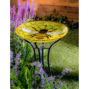 Embossed Glass Bird Bath, Yellow Bee, 18in - Floral Acres Greenhouse & Garden Centre