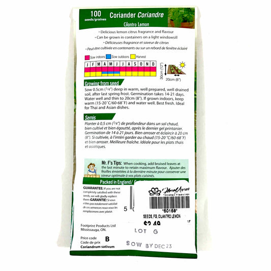 Coriander - Cilantro Lemon Seeds, Mr Fothergill's - Floral Acres Greenhouse & Garden Centre