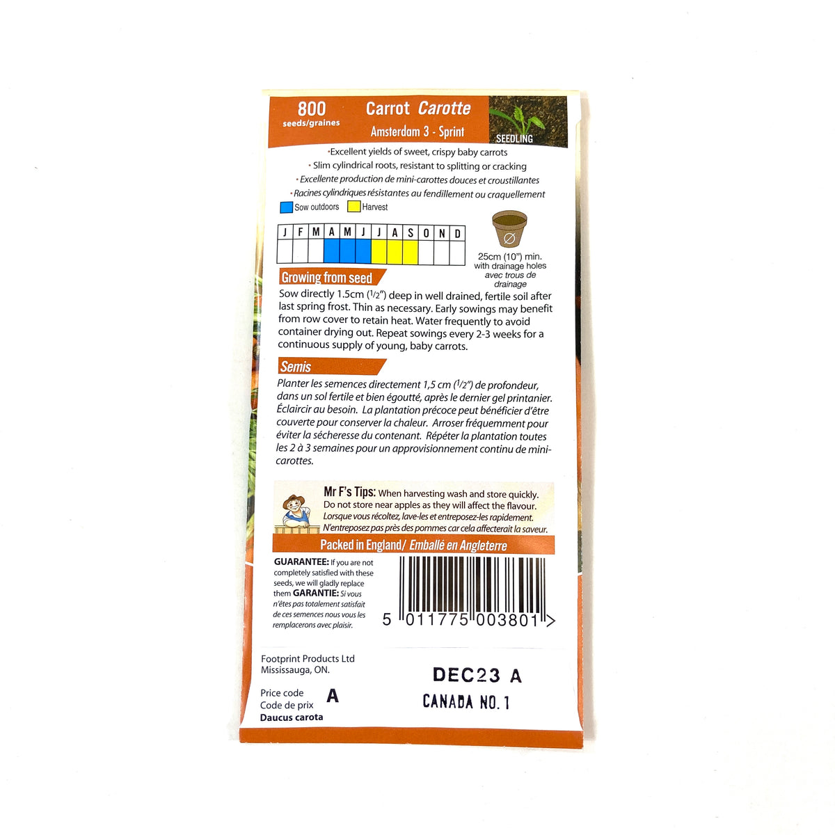 Carrot - Amsterdam 3 Sprint Seeds, Mr Fothergill's - Floral Acres Greenhouse & Garden Centre