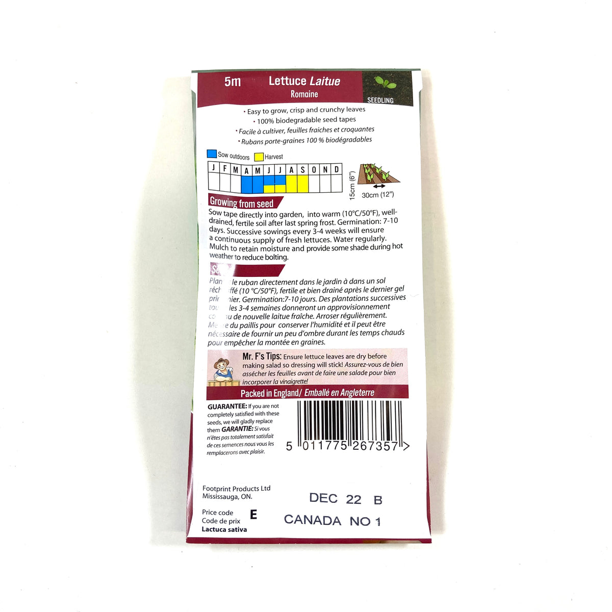 Lettuce - Romaine Seed Tape, Mr Fothergill's - Floral Acres Greenhouse & Garden Centre