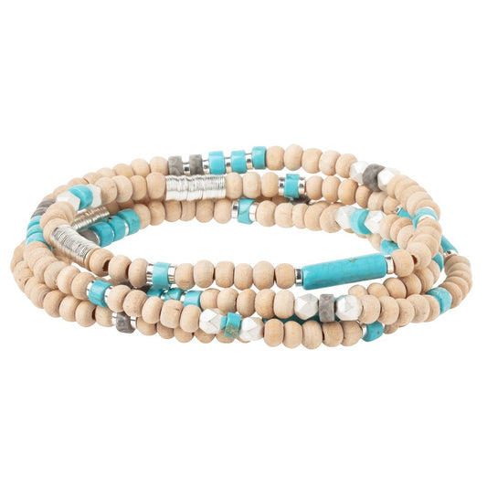 Bracelet, Wood/Stone/Metal Wrap, Turquoise/Silver - Floral Acres Greenhouse & Garden Centre