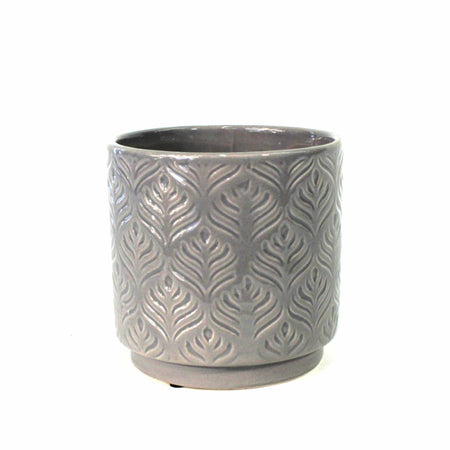 Pot, 4in, Ceramic, Peacock Feather Pattern, Grey