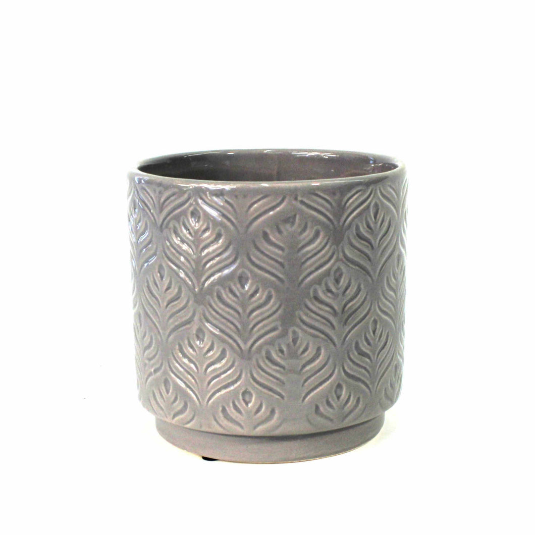Pot, 4in, Ceramic, Peacock Feather Pattern, Grey