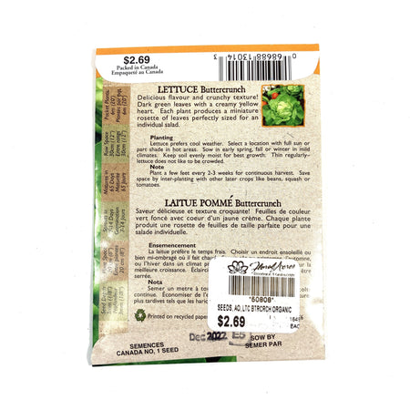 Lettuce - Buttercrunch Seeds, Aimers Organic - Floral Acres Greenhouse & Garden Centre