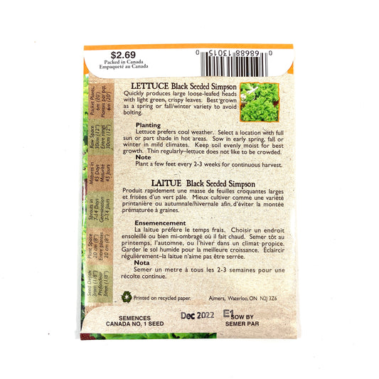 Lettuce - Black Seed Simpson Seeds, Aimers Organic - Floral Acres Greenhouse & Garden Centre
