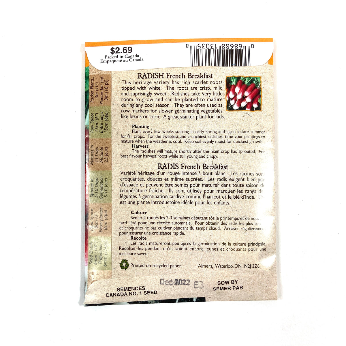Radish - French Breakfast Seeds, Aimers Organic - Floral Acres Greenhouse & Garden Centre