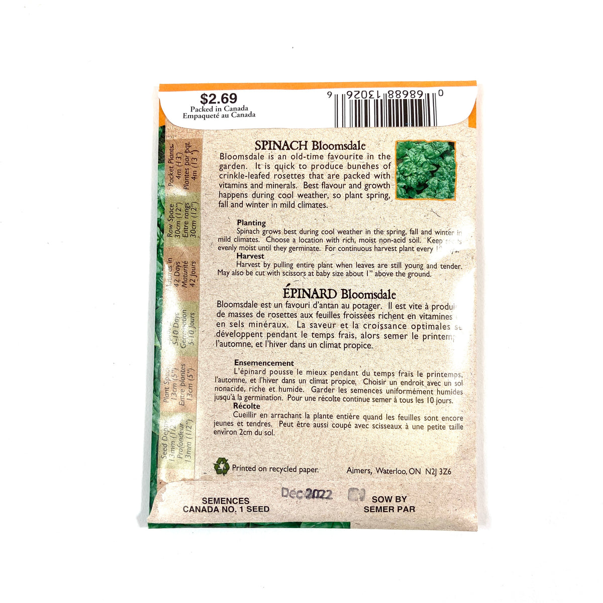 Spinach - Bloomsdale Seeds, Aimers Organic - Floral Acres Greenhouse & Garden Centre