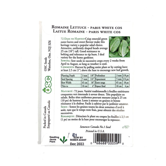 Lettuce - Paris Island Cos Seeds, OSC - Floral Acres Greenhouse & Garden Centre