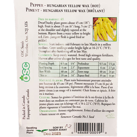 Pepper - Hungarian Yellow Wax Seeds, OSC