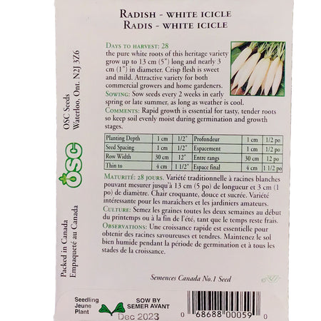 Radish - White Icicle Seeds, OSC