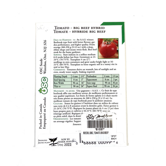 Tomato - Big Beef Hybrid Seeds, OSC