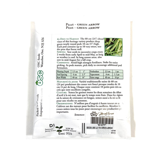 Pea - Green Arrow Seeds, OSC Large Pack
