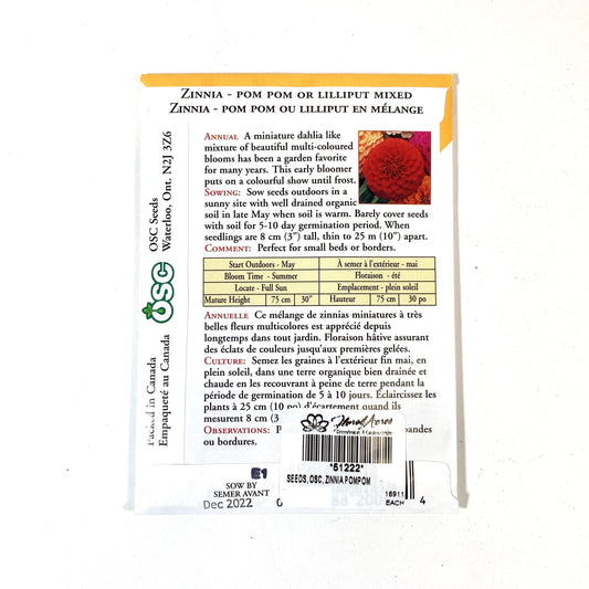 Zinnia - Pom Pom Mixture Seeds, OSC