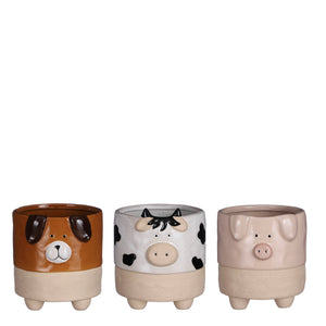 Pot, 4in, Ceramic, Footed Farm Animal, 3 Assorted