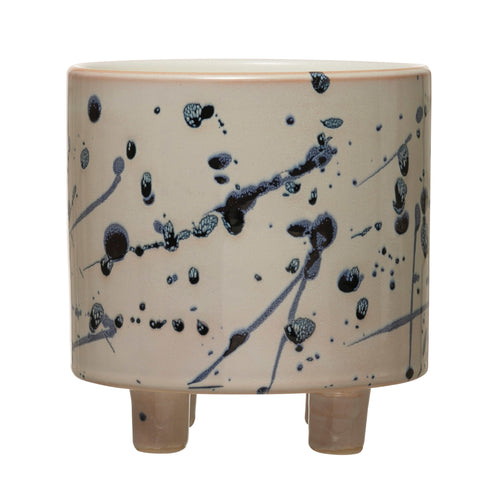 Pot, 5in, Stoneware, Footed, Splatter Blue & White - Floral Acres Greenhouse & Garden Centre