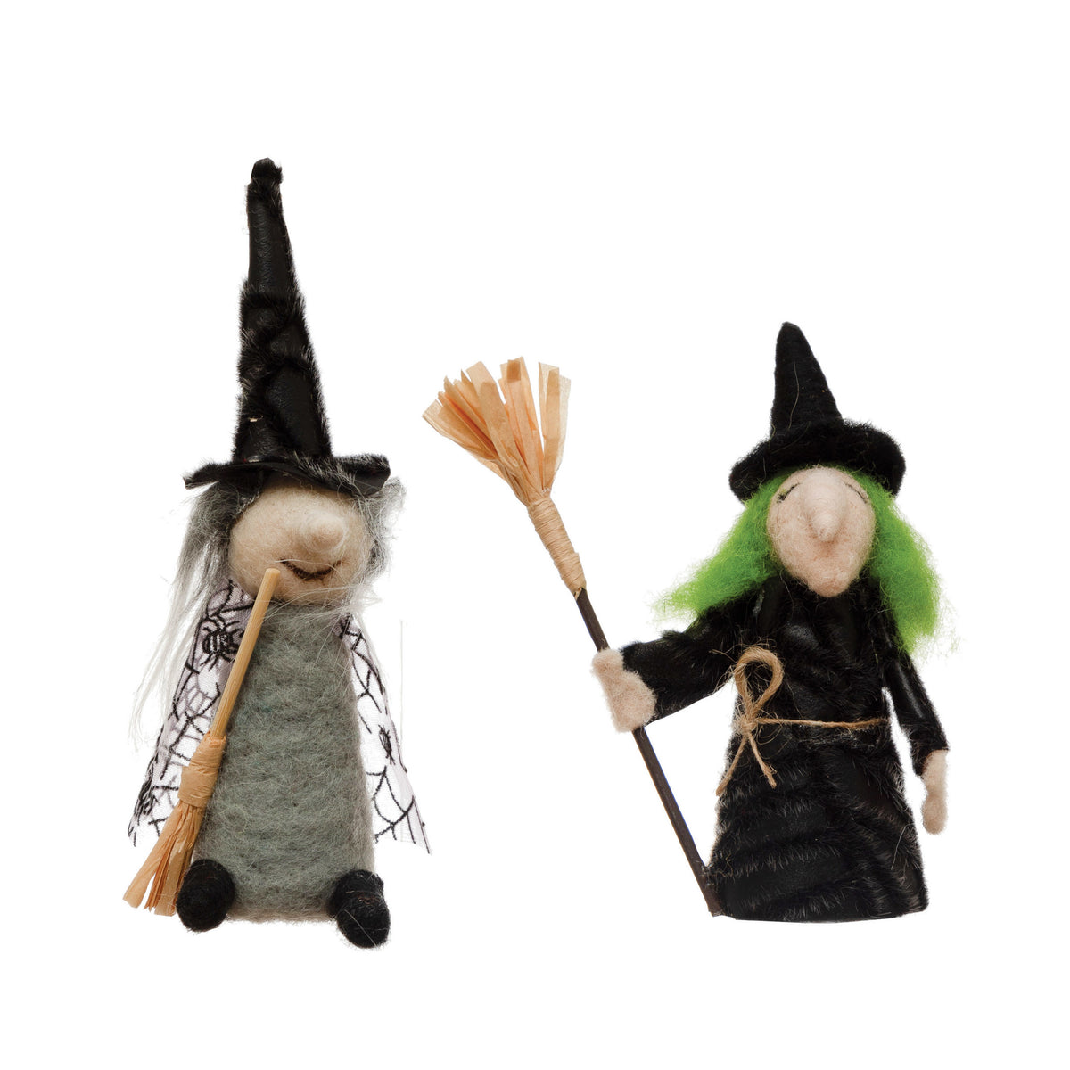 Wool Felt Witch with Broom Figurine, 2 Styles