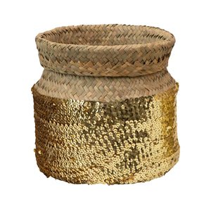 Hand-Woven Seagrass Basket w/ Gold Sequins, Large