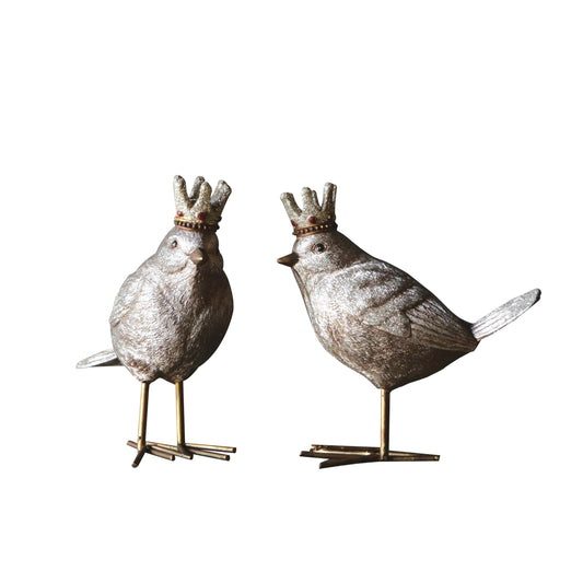 Resin Bird with Crown Figurine, Gold, 5.25in