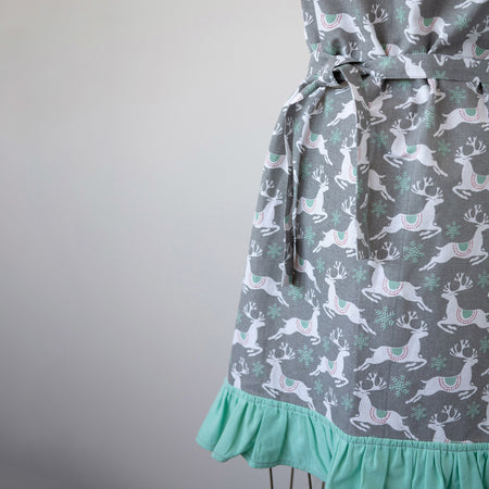 Cotton Apron with Reindeer Pattern & Ruffles, Grey