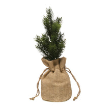 Load image into Gallery viewer, Faux Pine Tree in Burlap Bag, 10in, 3 Styles
