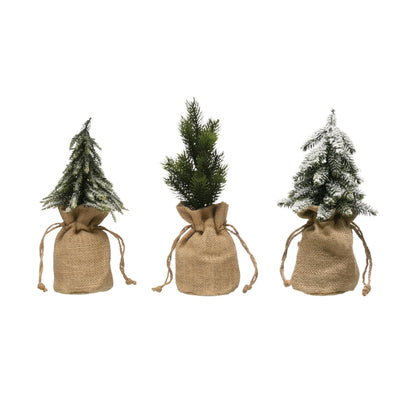 Faux Pine Tree in Burlap Bag, 10in, 3 Styles