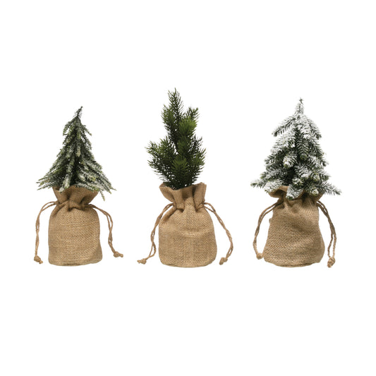 Faux Pine Tree in Burlap Bag, 10in, 3 Styles