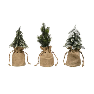 Faux Pine Tree in Burlap Bag, 10in, 3 Styles