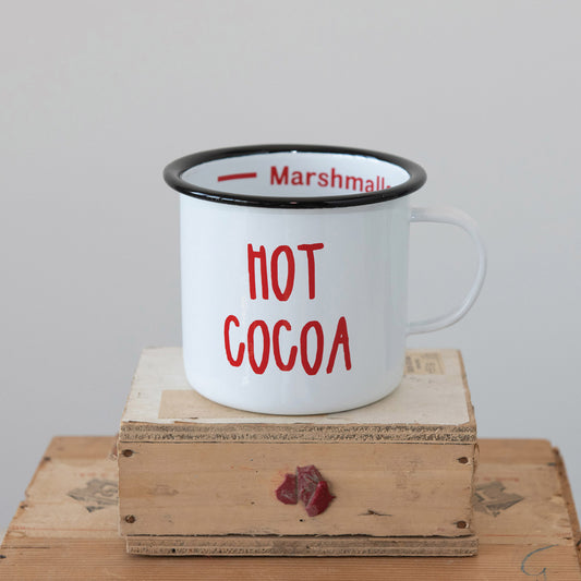Enameled Mug, Hot Cocoa, White/Black Rim, 20oz