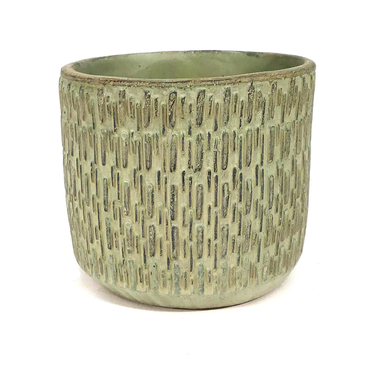 Pot, 4in, Cement, Dashed Lines, Antiqued Finish