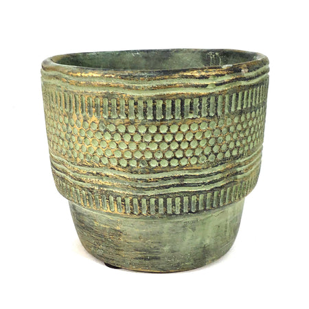 Pot, 4in, Cement, Patterned Bands, Antiqued Gold