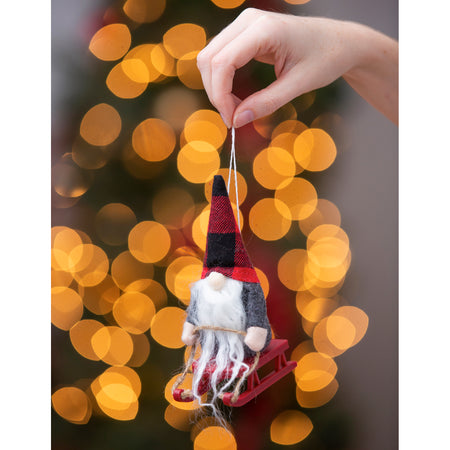 Plush Gnome on Sled Tree Ornament