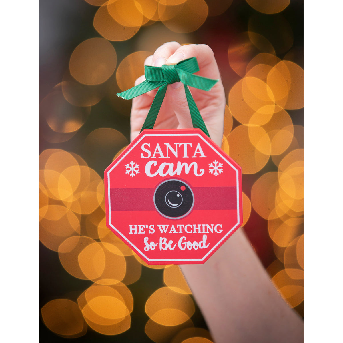 Wood Tree Ornament with Bow, Santa/Elf Cam