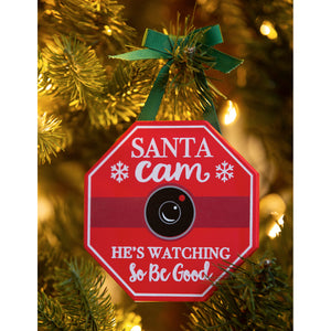 Wood Tree Ornament with Bow, Santa/Elf Cam