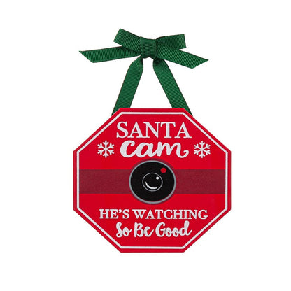 Wood Tree Ornament with Bow, Santa/Elf Cam