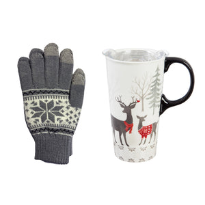 Ceramic Travel Mug & Gloves Set, White Woods