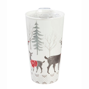 Ceramic Travel Mug & Gloves Set, White Woods