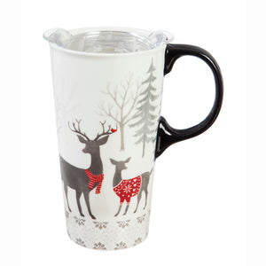 Ceramic Travel Mug & Gloves Set, White Woods