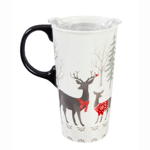 Ceramic Travel Mug & Gloves Set, White Woods