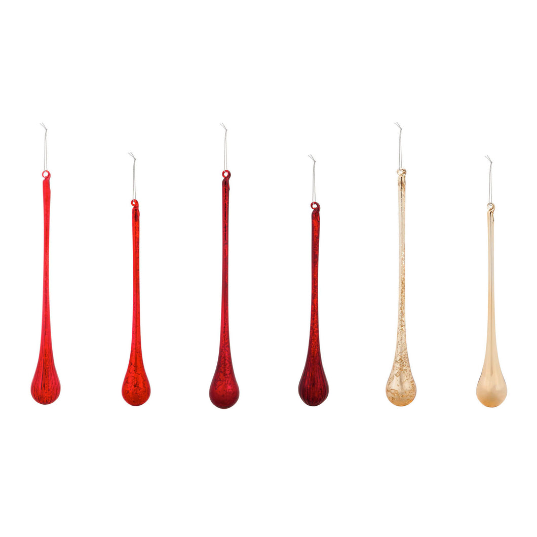 Glass Long Drop Ornament, Red/Gold, Set of 6