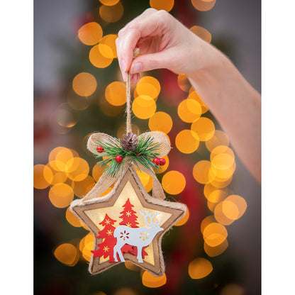 LED Wood Star with Reindeer Ornament, 2 Colors