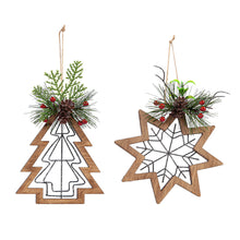 Load image into Gallery viewer, Wood Cutout Ornament with Wire &amp; Greens, 2 Styles
