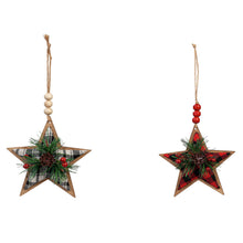 Load image into Gallery viewer, Wood Plaid Star Ornament with Greenery, 2 Colours
