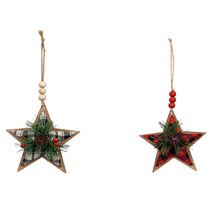 Wood Plaid Star Ornament with Greenery, 2 Colours