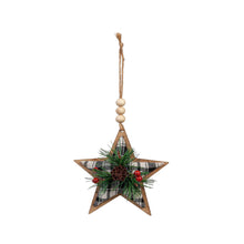 Load image into Gallery viewer, Wood Plaid Star Ornament with Greenery, 2 Colours
