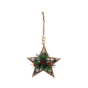 Wood Plaid Star Ornament with Greenery, 2 Colours