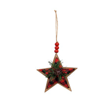 Load image into Gallery viewer, Wood Plaid Star Ornament with Greenery, 2 Colours
