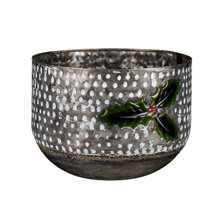 Planter, 12in, Metal, Embossed Holly Leaves